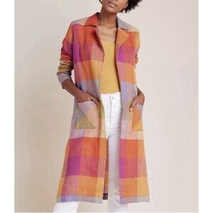 dRA Anthropologie Sierra Duster Jacket S 100% Linen Plaid Patchwork Artsy Boho